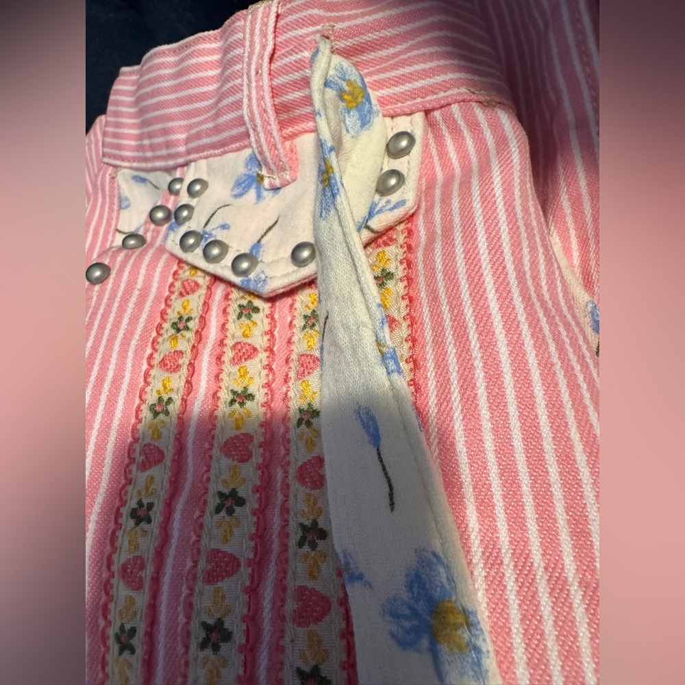 NEW Pol Double Gauze Lace Floral Trim Buckle Back Pants Drawstring Pink Stripe - Picture 4 of 12